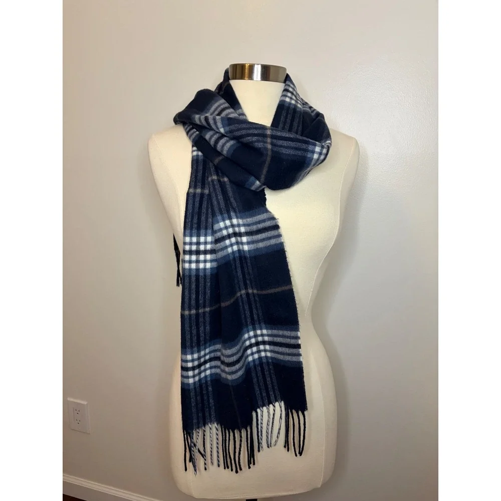 V. Fraas Cashmink Scarf Navy Blue Plaid Acrylic Made in Germany Fringe Soft Warm